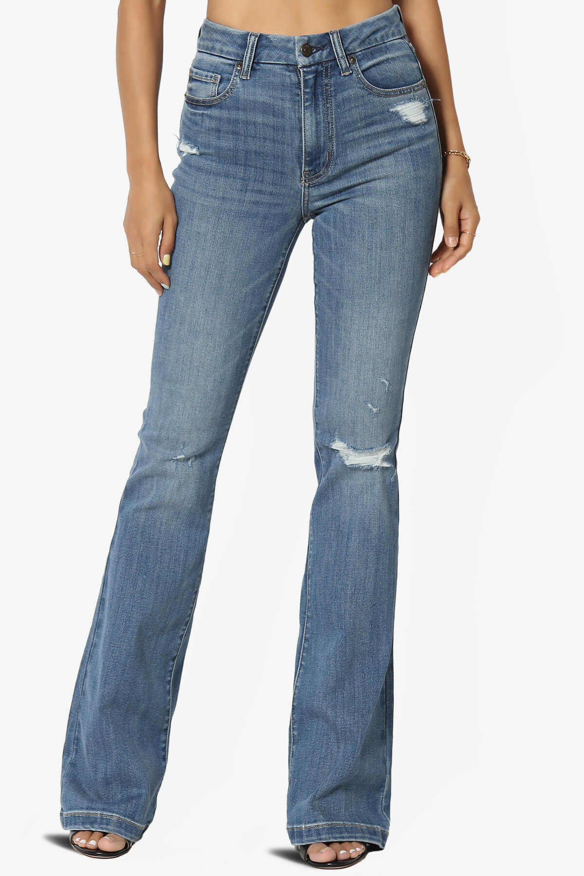 Vintage Distressed High Rise Stretch Cotton Denim Skinny Flare Jeans –  TheMogan