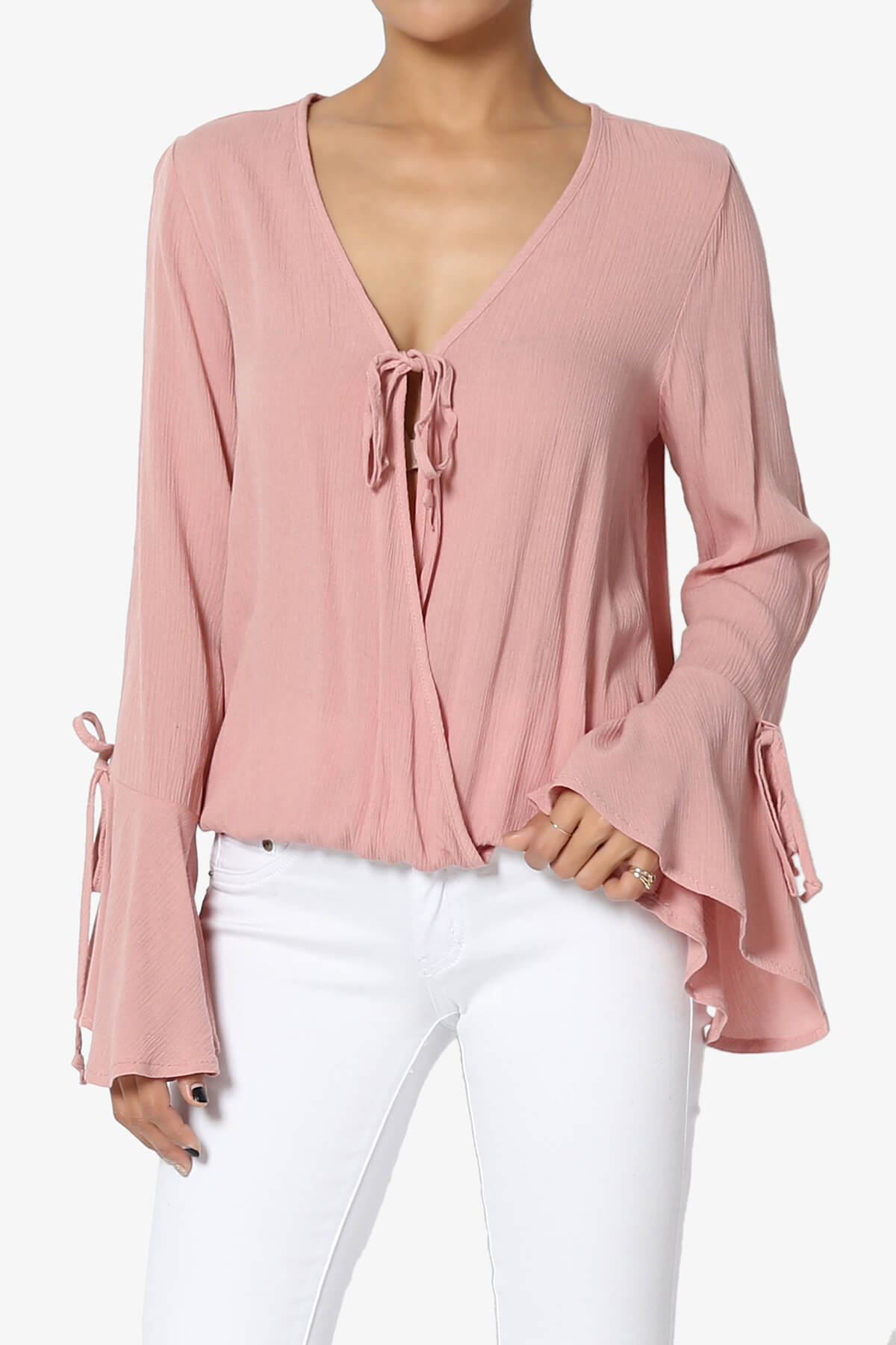 Load image into Gallery viewer, Keen Bell Sleeve Wrap Blouson Blouse DUSTY ROSE_1

