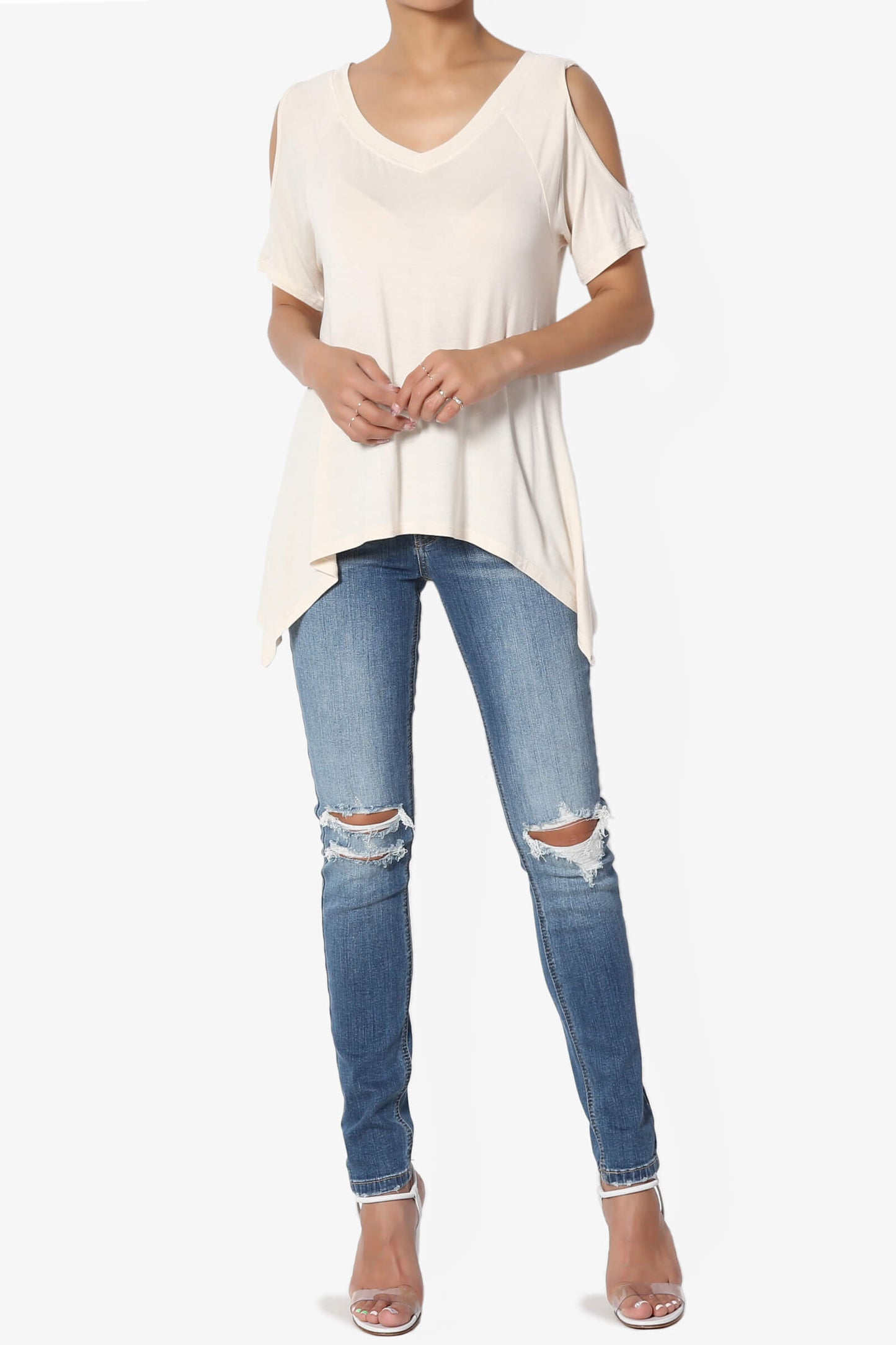 Load image into Gallery viewer, Lani Cold Shoulder V-Neck Jersey Top TAUPE_6

