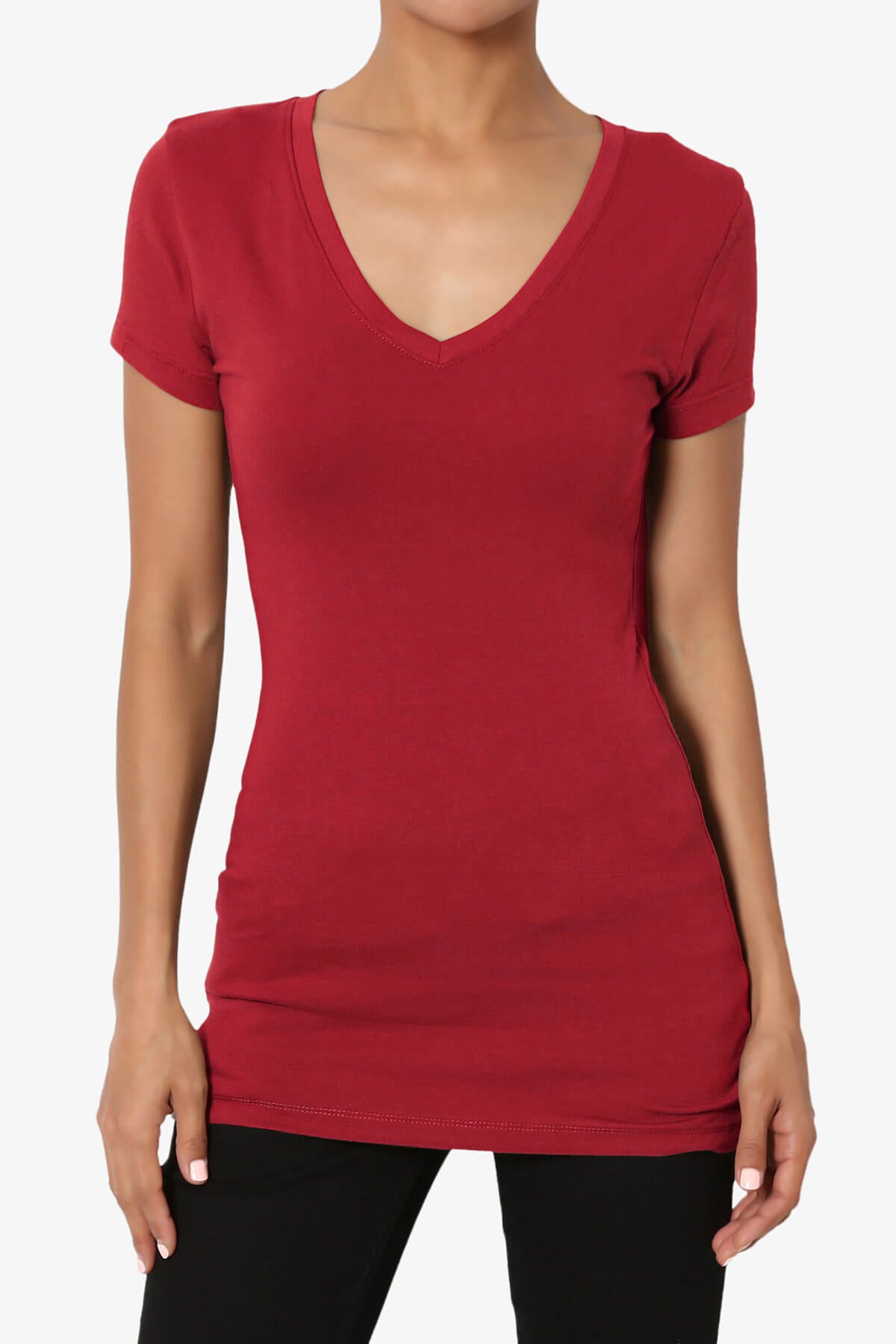 Candela V-Neck Short Sleeve T-Shirts DARK RED_1
