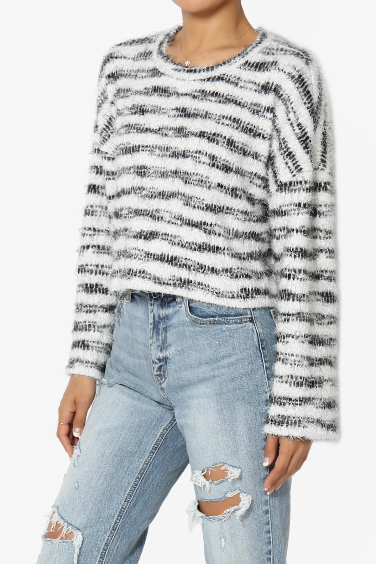 Carrine Fuzzy Stripe Crop Sweater BLACK_3