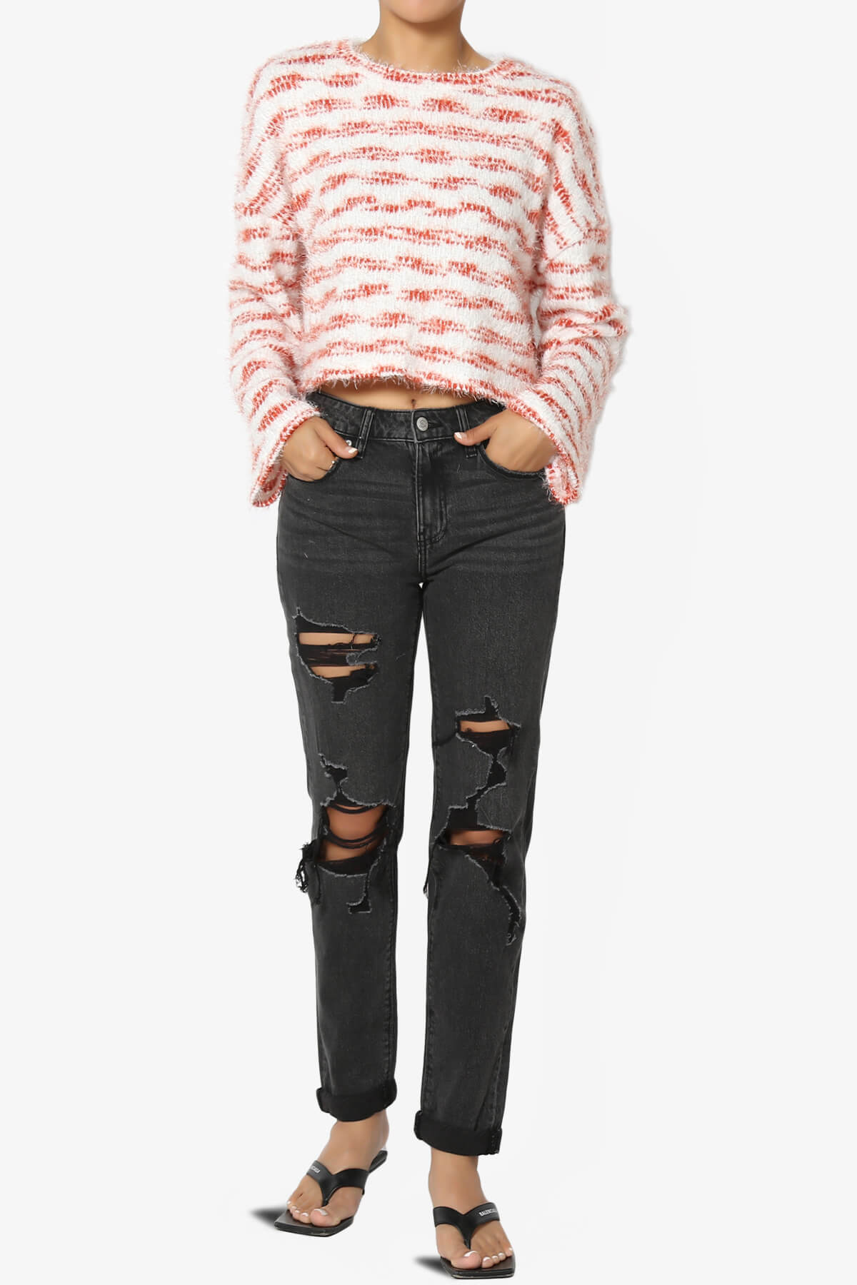 Load image into Gallery viewer, Carrine Fuzzy Stripe Crop Sweater RUST_6
