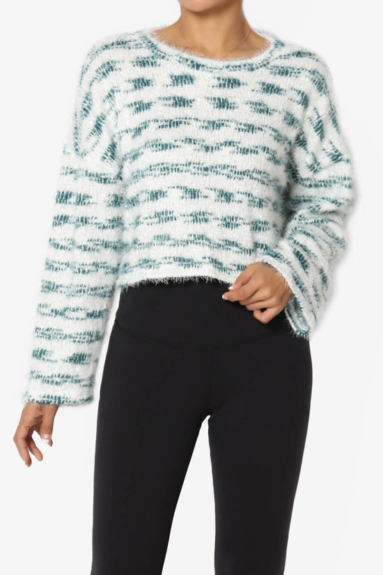 Carrine Fuzzy Stripe Crop Sweater TEAL_1