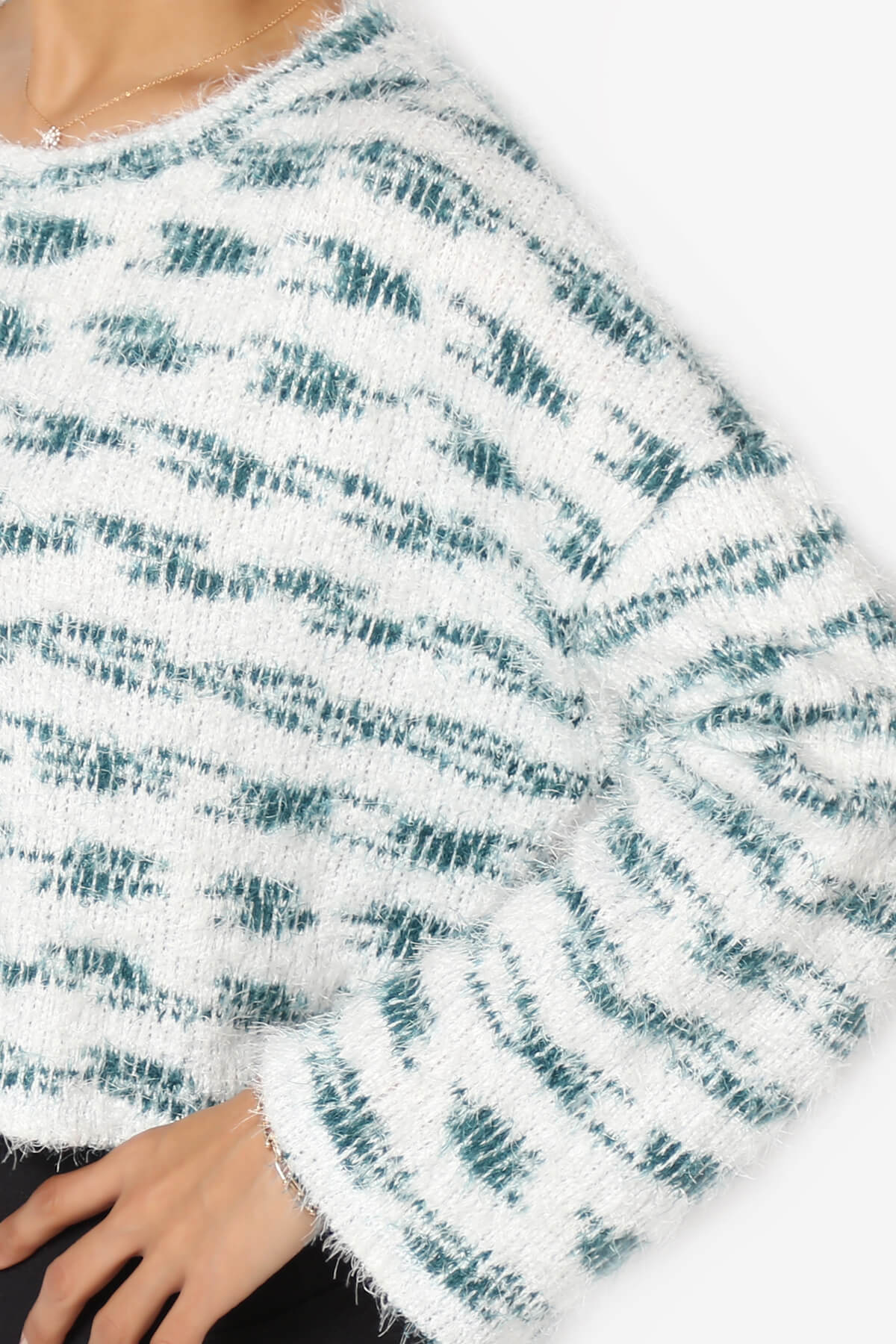Carrine Fuzzy Stripe Crop Sweater TEAL_5