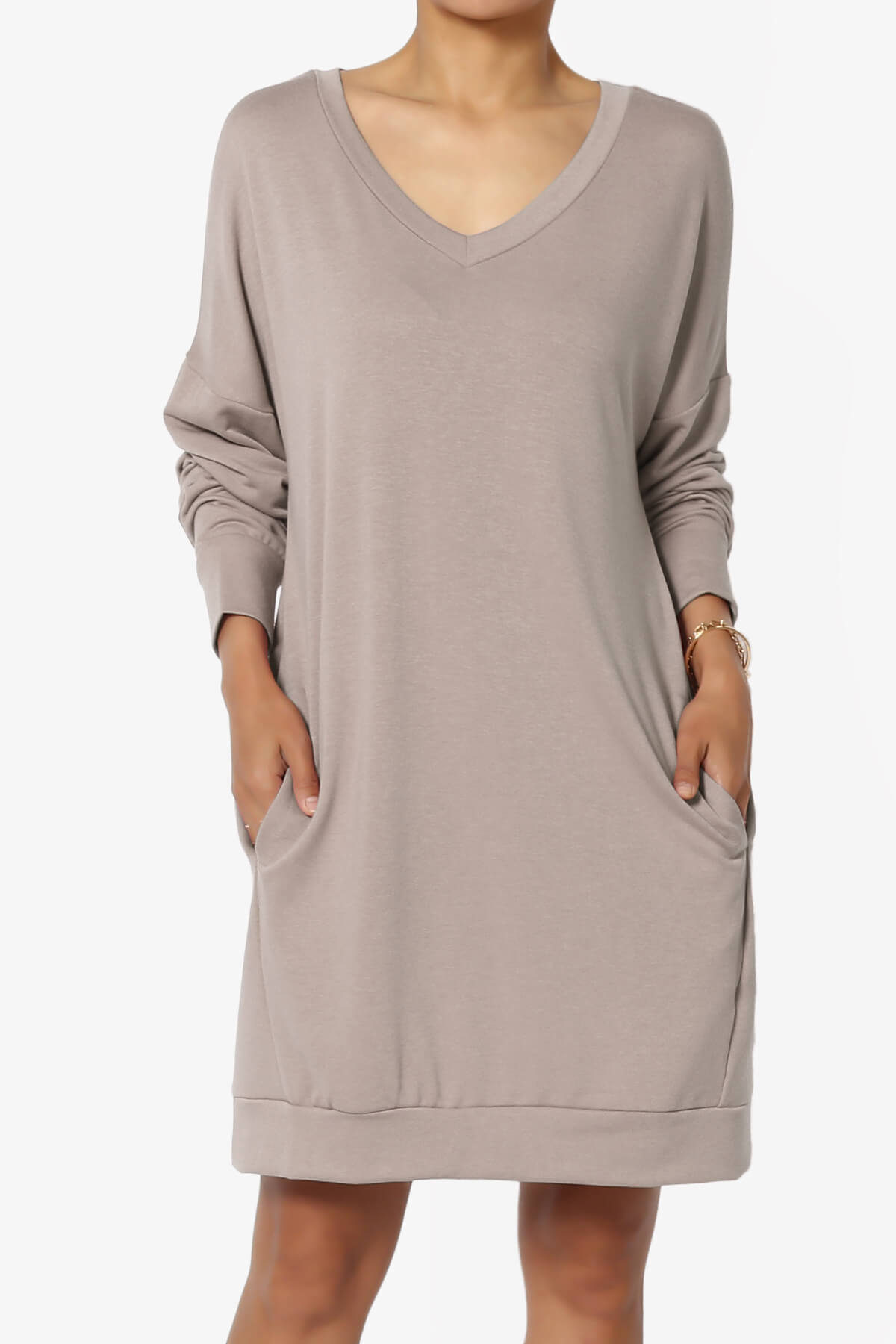 Load image into Gallery viewer, Chrissy V-Neck Pocket Soft Terry Tunic LIGHT MOCHA_1
