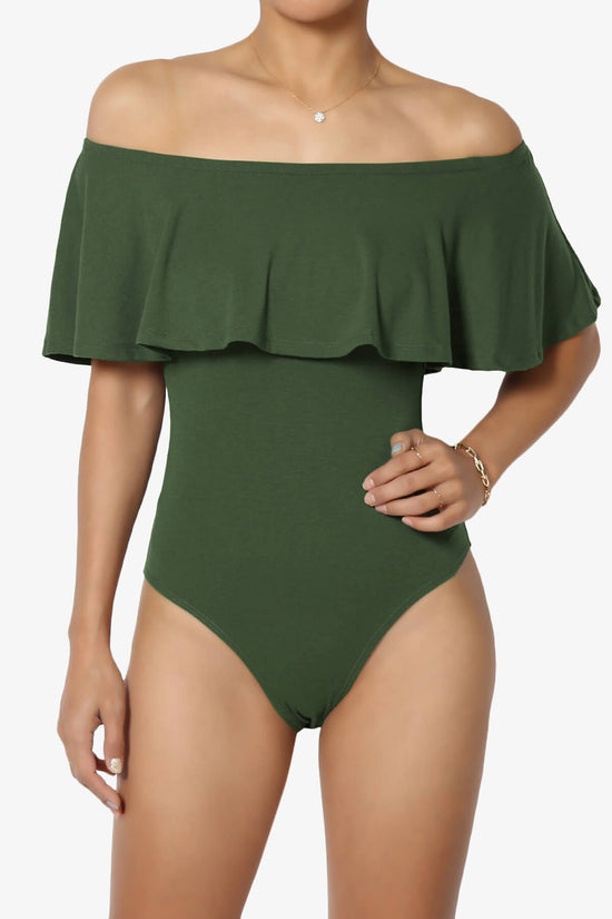 Load image into Gallery viewer, Cobra Ruffle Off Shoulder Bodysuit ARMY GREEN_1
