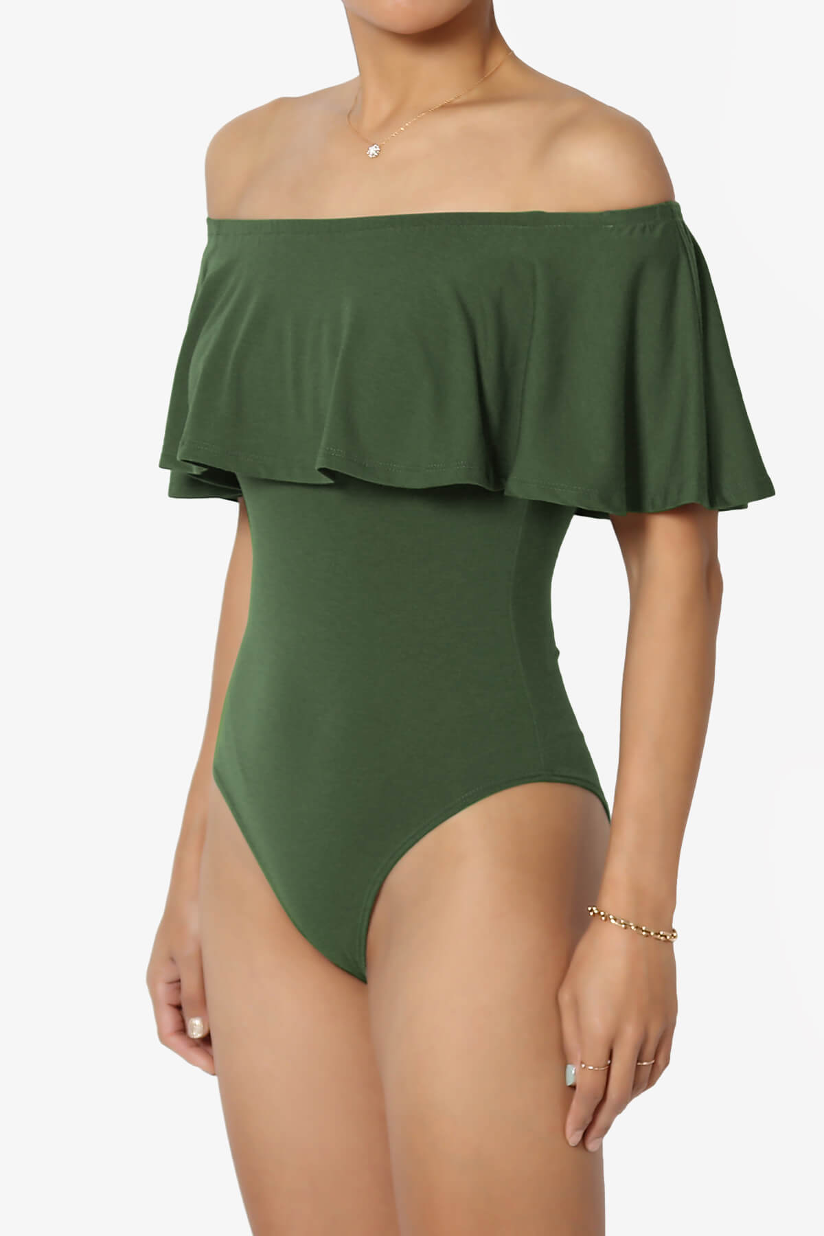 Load image into Gallery viewer, Cobra Ruffle Off Shoulder Bodysuit ARMY GREEN_3
