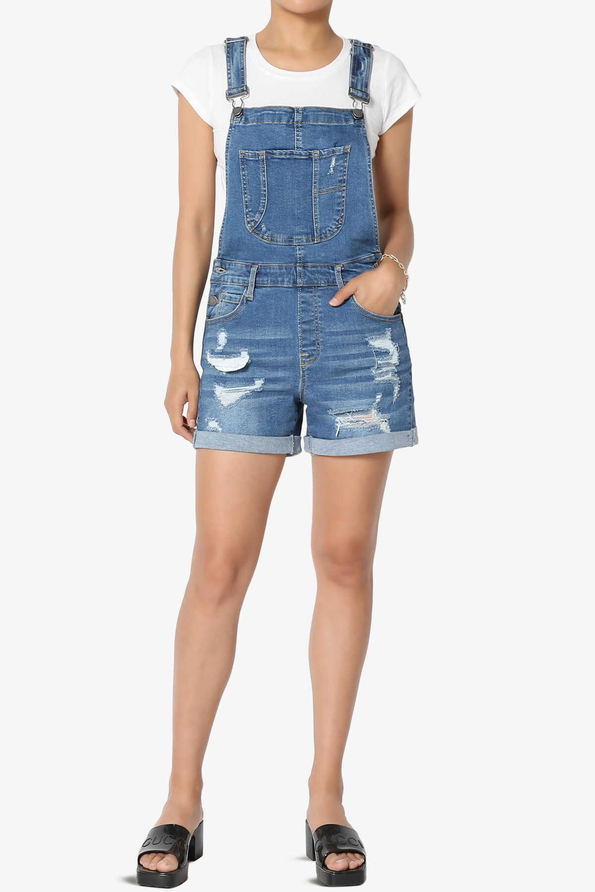 Load image into Gallery viewer, Roselita Distressed Denim Overall Shorts MEDIUM_6
