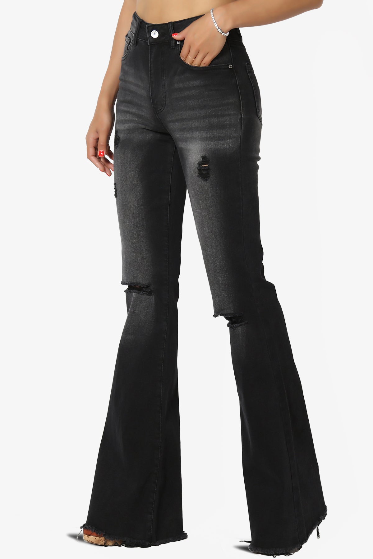 Load image into Gallery viewer, Snazzy High Rise Knee Destroy Flare Jeans BLACK
