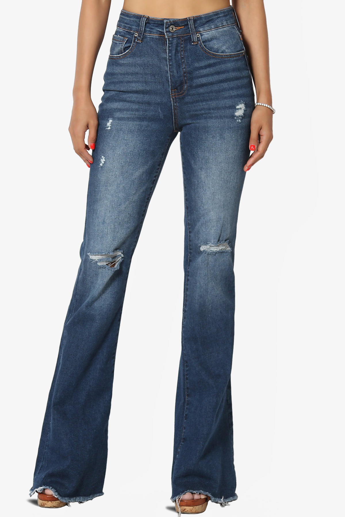 Load image into Gallery viewer, Snazzy High Rise Knee Destroy Flare Jeans DARK

