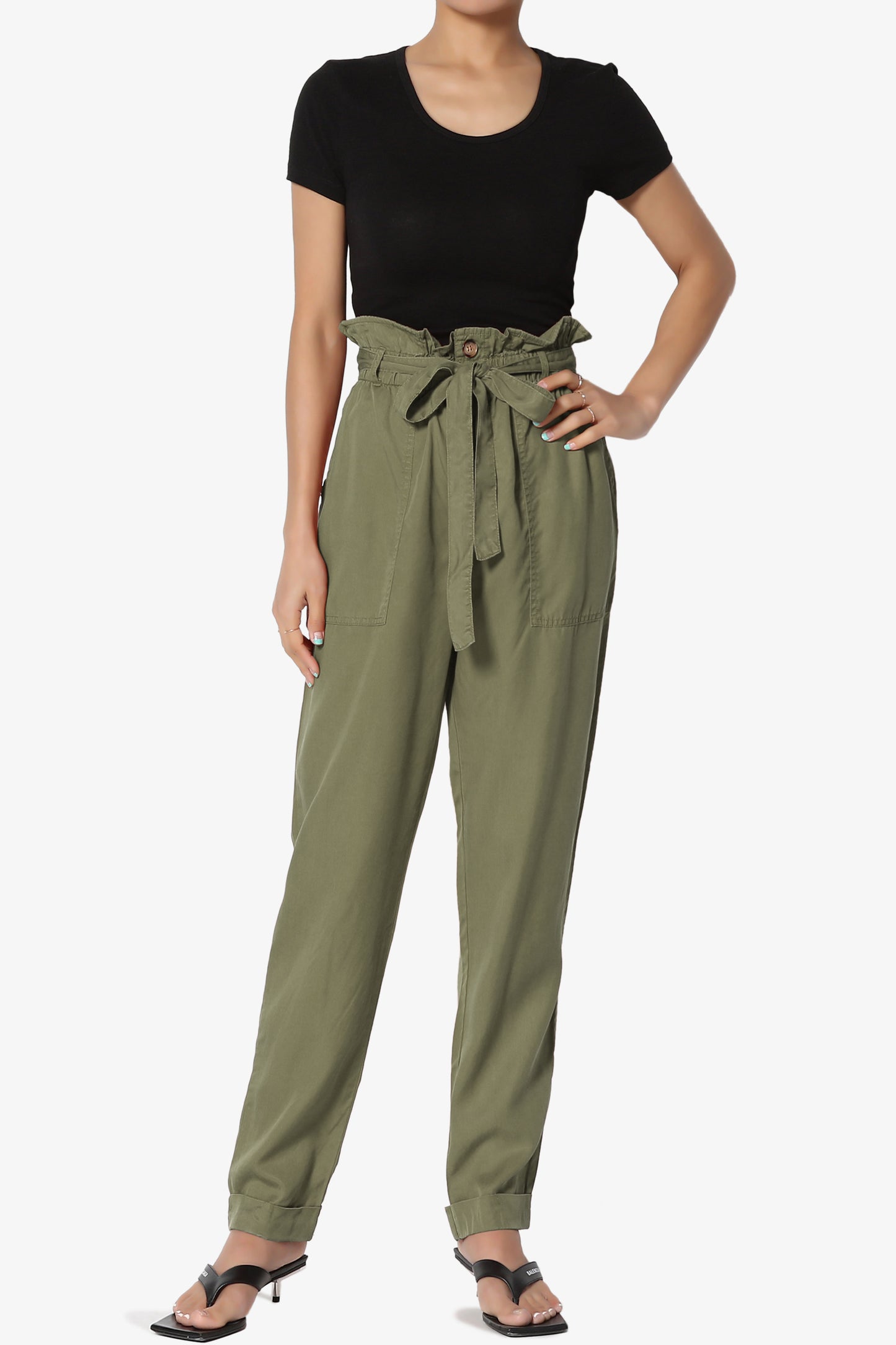Belted Paperbag High Waist Tencel Cuffed Tapered Leg Trouser Pants
