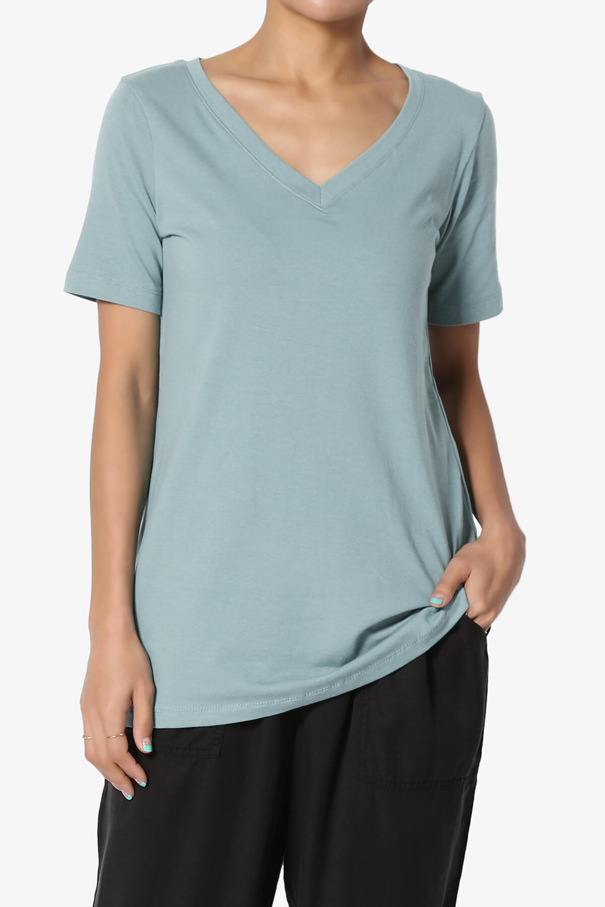 Elora V-Neck Short Sleeve T-Shirt DUSTY BLUE_1