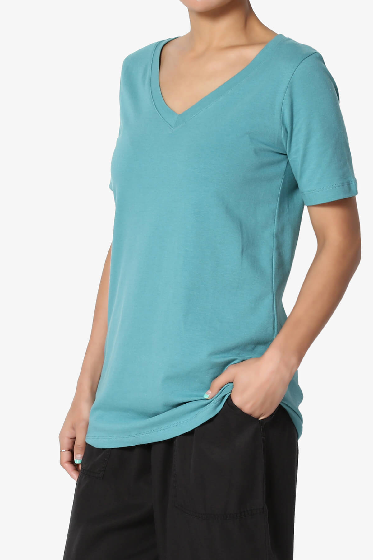 Elora V-Neck Short Sleeve T-Shirt DUSTY TEAL_3