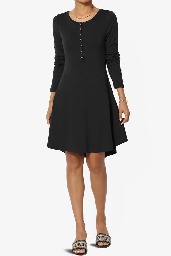 Load image into Gallery viewer, Elysia Long Sleeve Fit &amp;amp; Flare Jersey Dress BLACK_1
