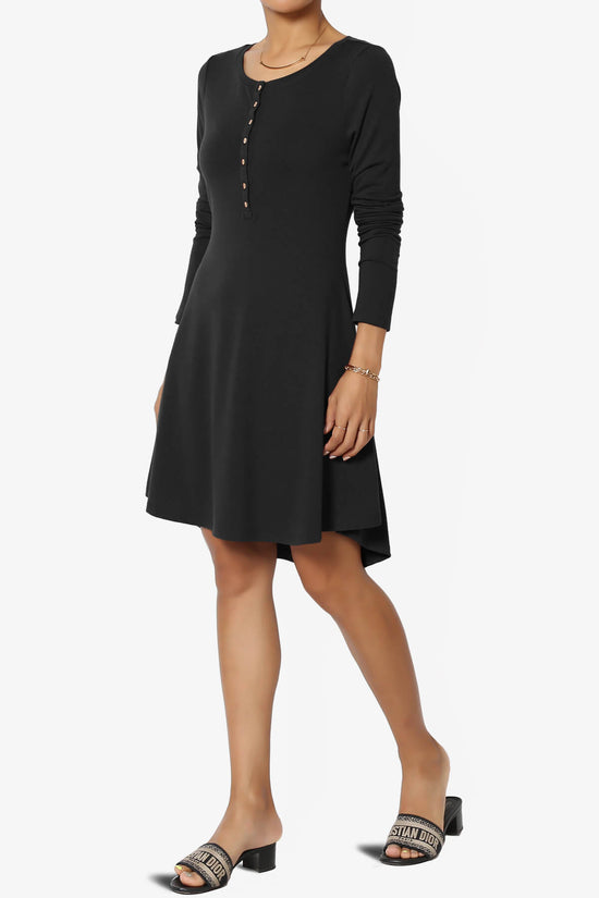 Load image into Gallery viewer, Elysia Long Sleeve Fit &amp;amp; Flare Jersey Dress BLACK_3
