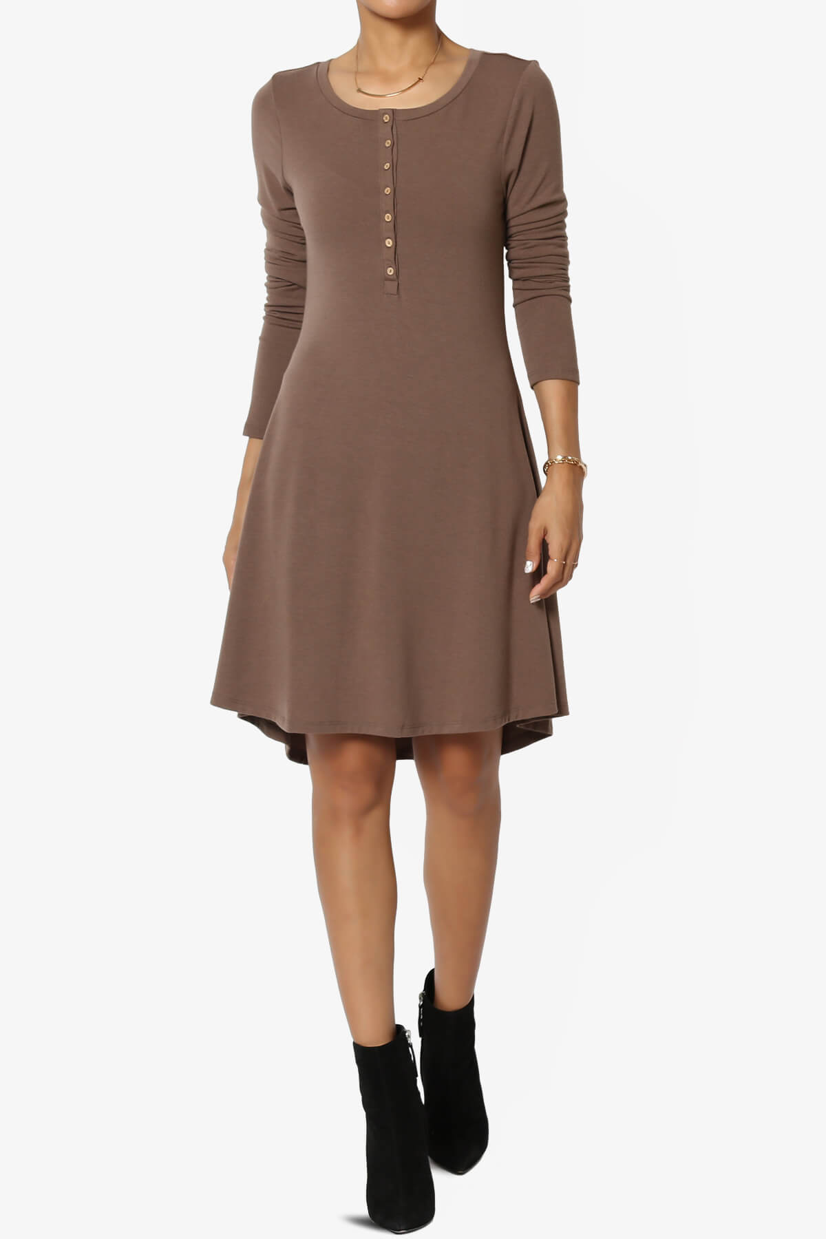 Load image into Gallery viewer, Elysia Long Sleeve Fit &amp;amp; Flare Jersey Dress MOCHA_1

