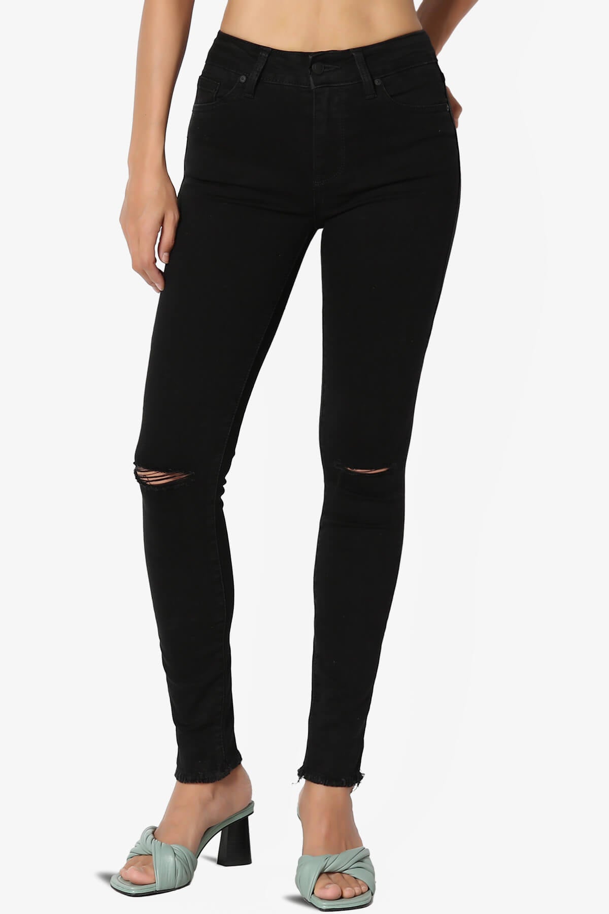 Clara Slashed Knee High Rise Crop Skinny Jeans in JET Black BLACK_1