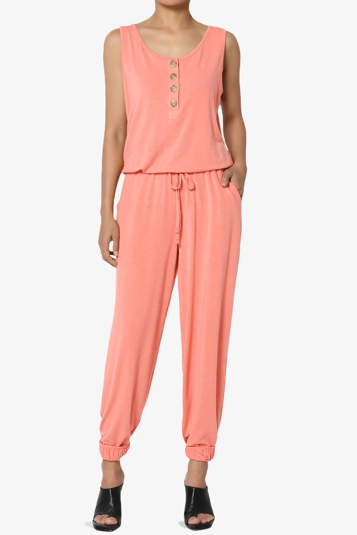 Load image into Gallery viewer, Entrada Button Scoop Neck Tank Jogger Jumpsuit CORAL_1
