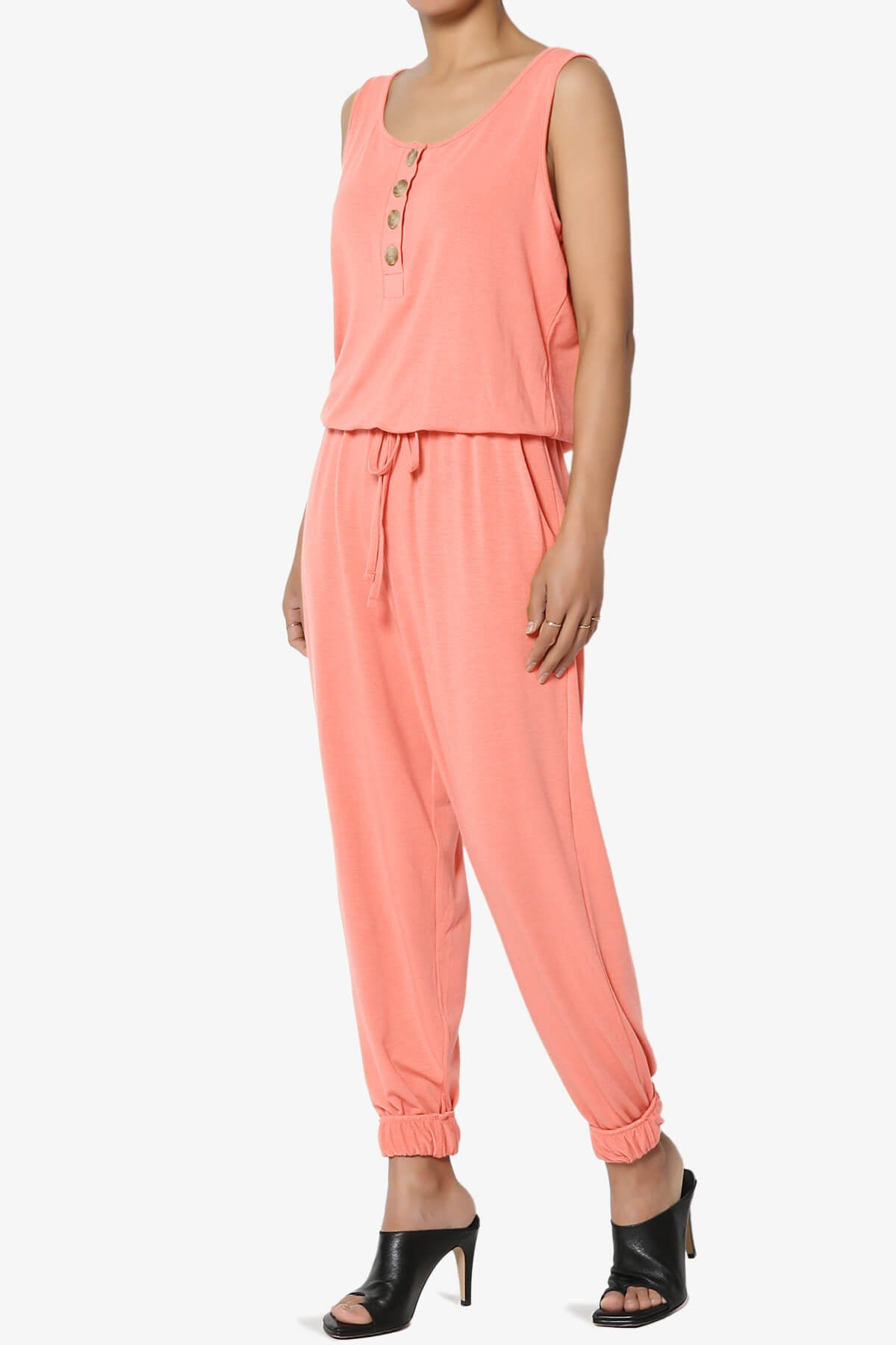 Load image into Gallery viewer, Entrada Button Scoop Neck Tank Jogger Jumpsuit CORAL_3

