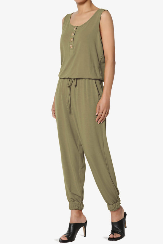 Load image into Gallery viewer, Entrada Button Scoop Neck Tank Jogger Jumpsuit KHAKI GREEN_3

