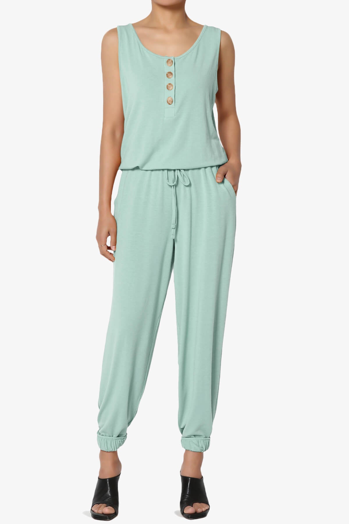 Load image into Gallery viewer, Entrada Button Scoop Neck Tank Jogger Jumpsuit LIGHT GREEN_1
