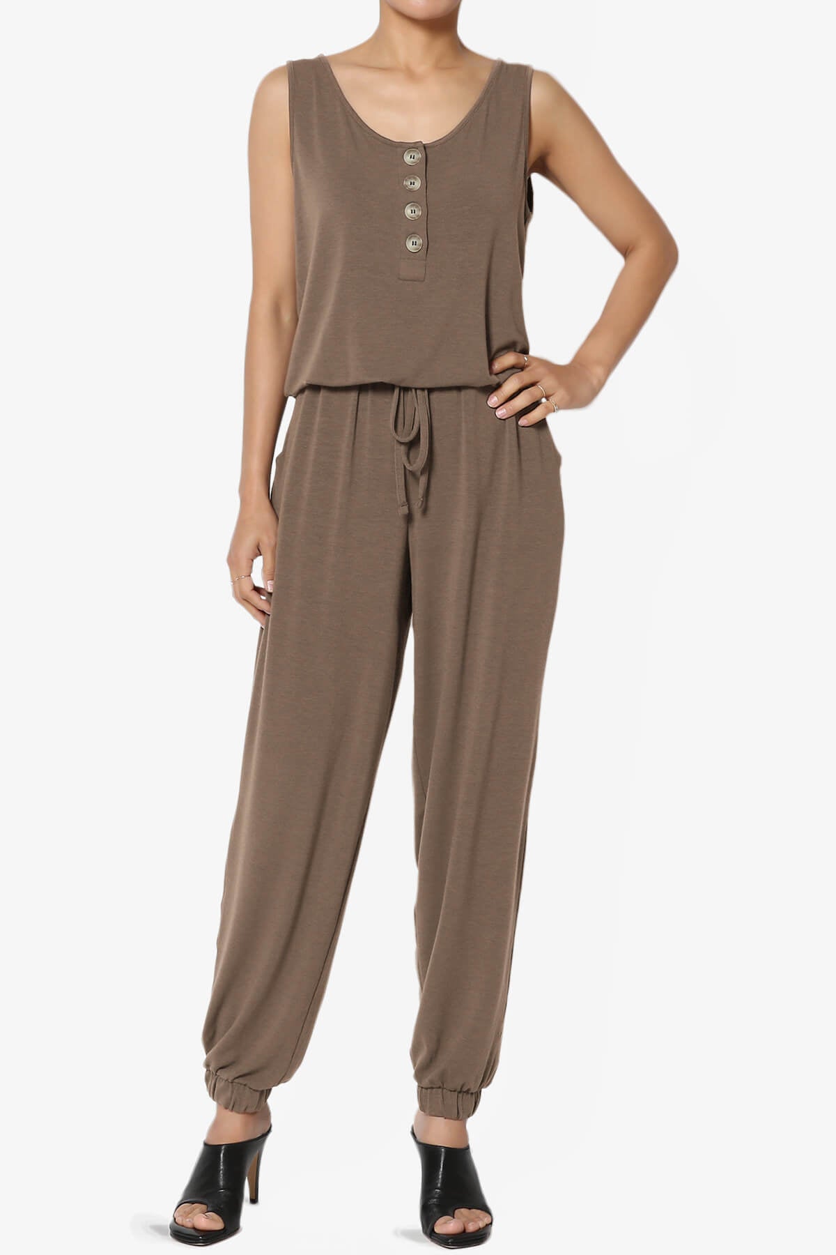 Load image into Gallery viewer, Entrada Button Scoop Neck Tank Jogger Jumpsuit MOCHA_1
