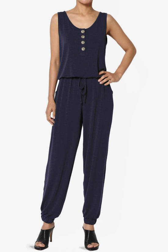Load image into Gallery viewer, Entrada Button Scoop Neck Tank Jogger Jumpsuit NAVY_1
