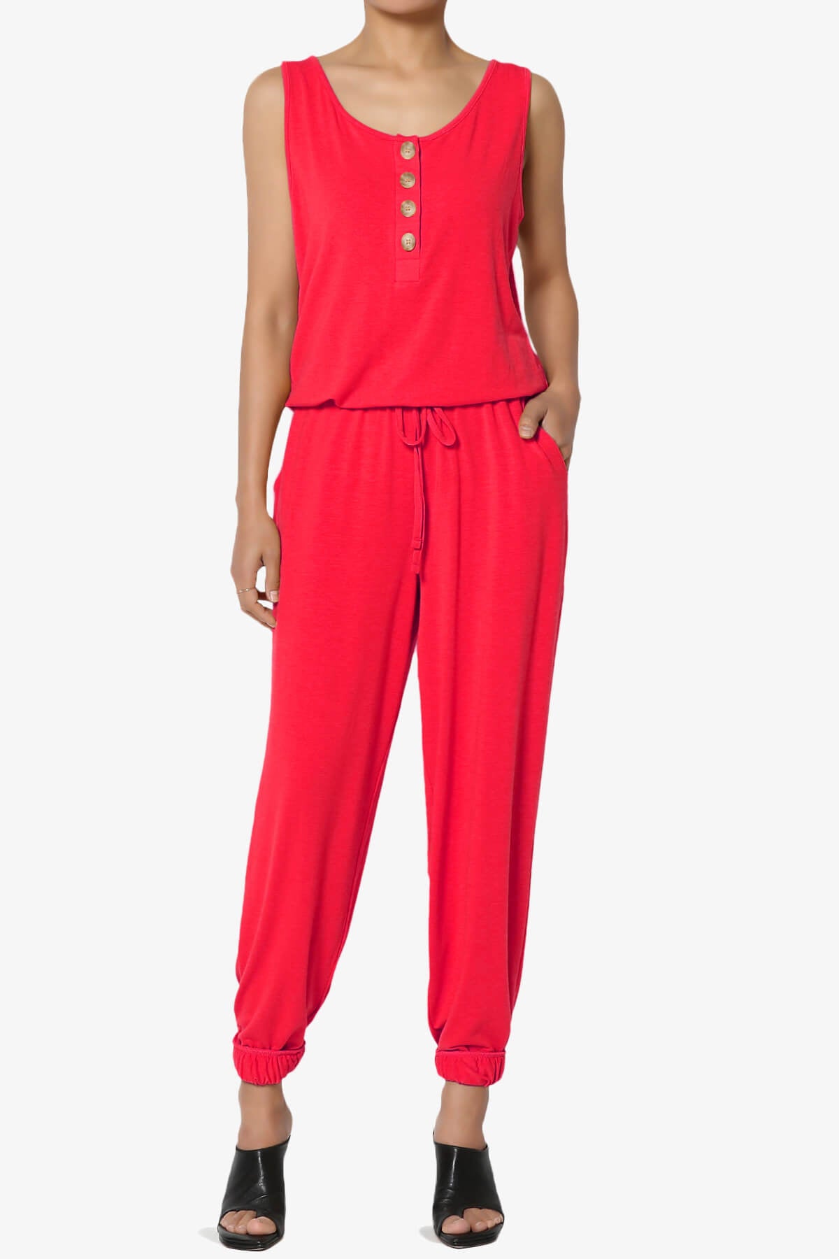 Entrada Button Scoop Neck Tank Jogger Jumpsuit RED_1