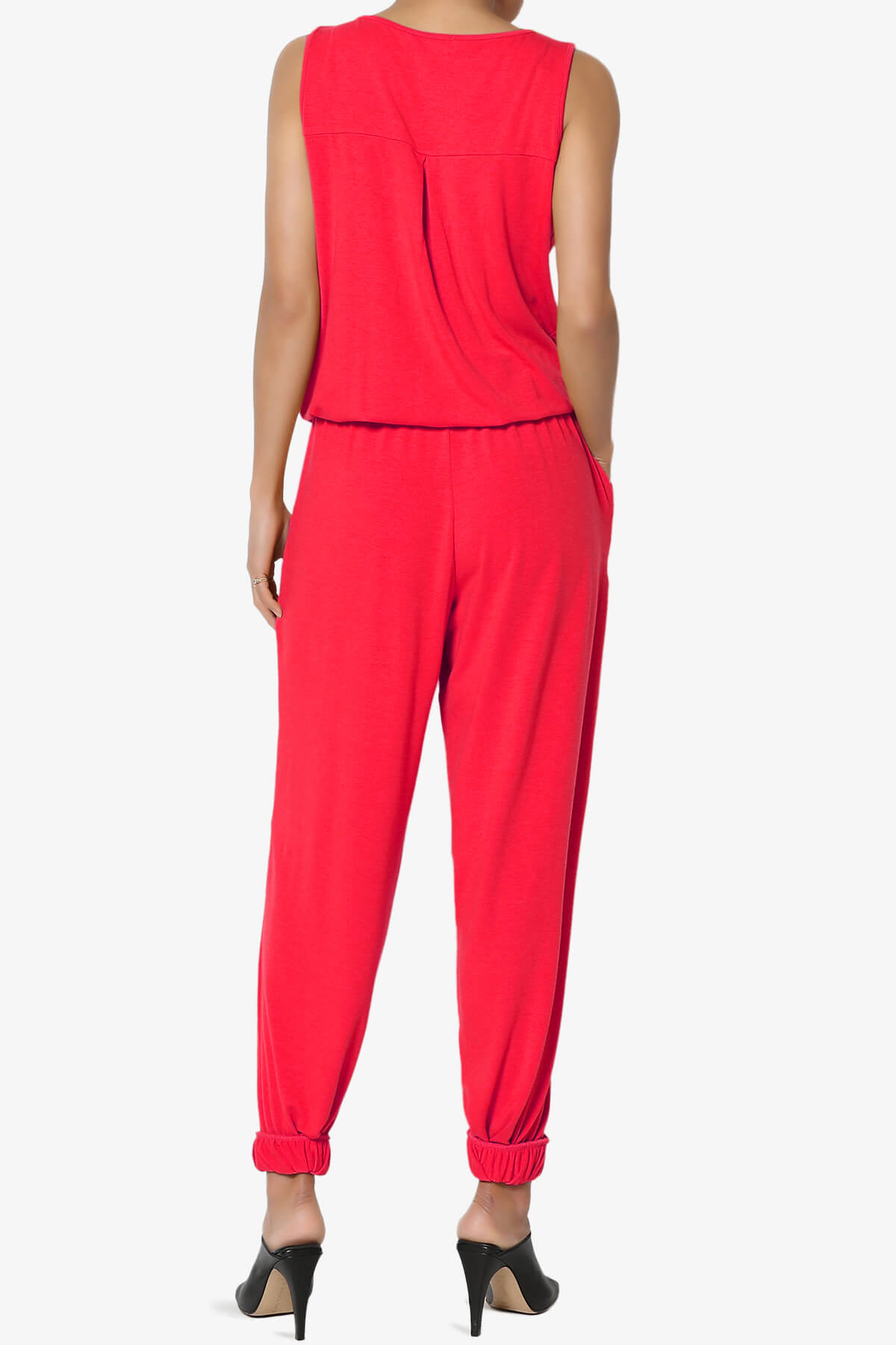 Entrada Button Scoop Neck Tank Jogger Jumpsuit RED_2