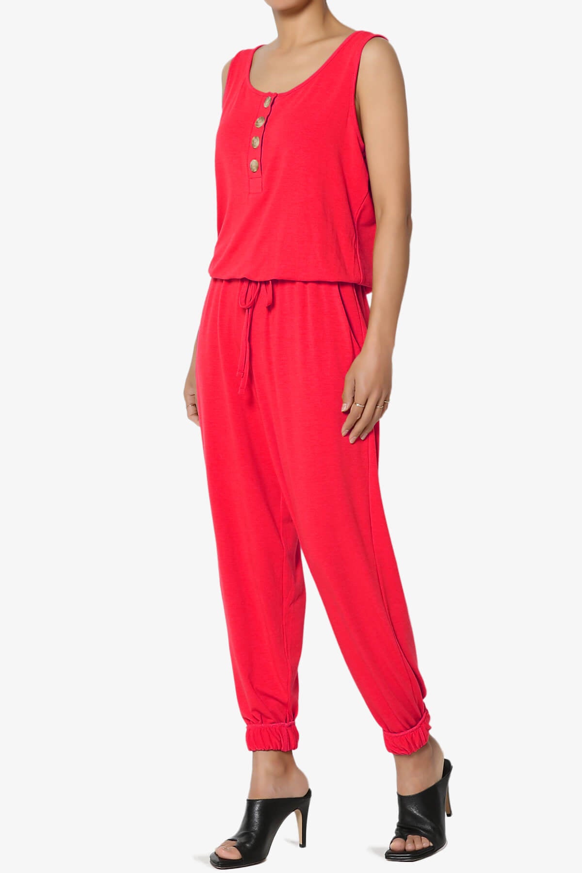 Entrada Button Scoop Neck Tank Jogger Jumpsuit RED_3