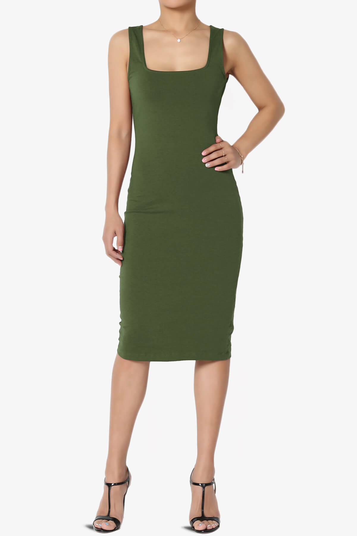Load image into Gallery viewer, Fontella Sleeveless Square Neck Bodycon Dress ARMY GREEN_1
