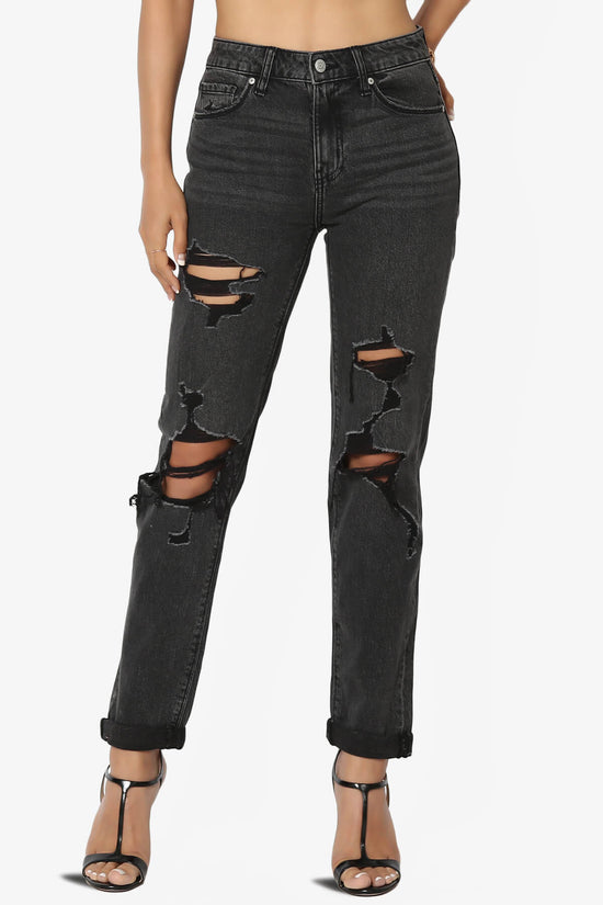 Load image into Gallery viewer, Frankie Distressed Mid Rise Girlfriend Jeans BLACK_1
