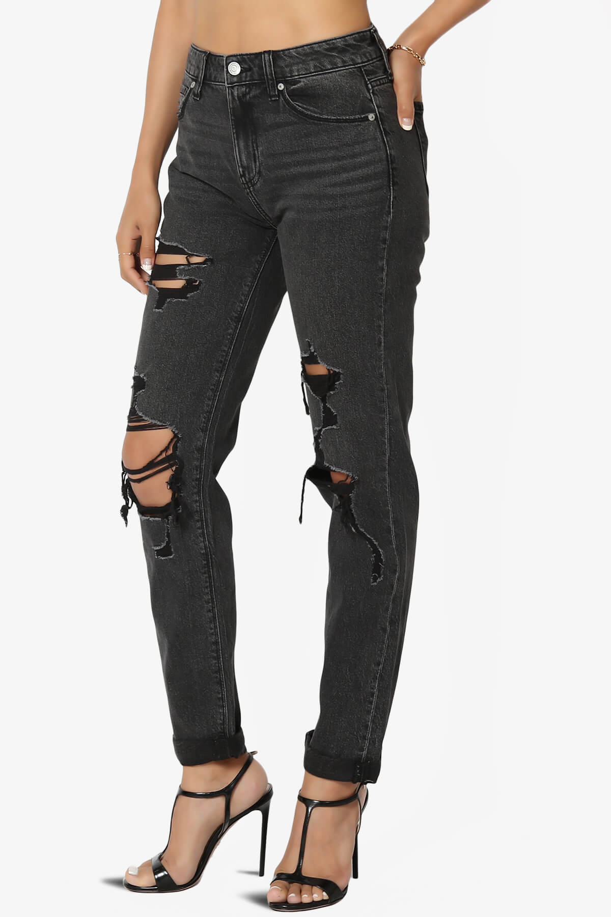 Load image into Gallery viewer, Frankie Distressed Mid Rise Girlfriend Jeans BLACK_3
