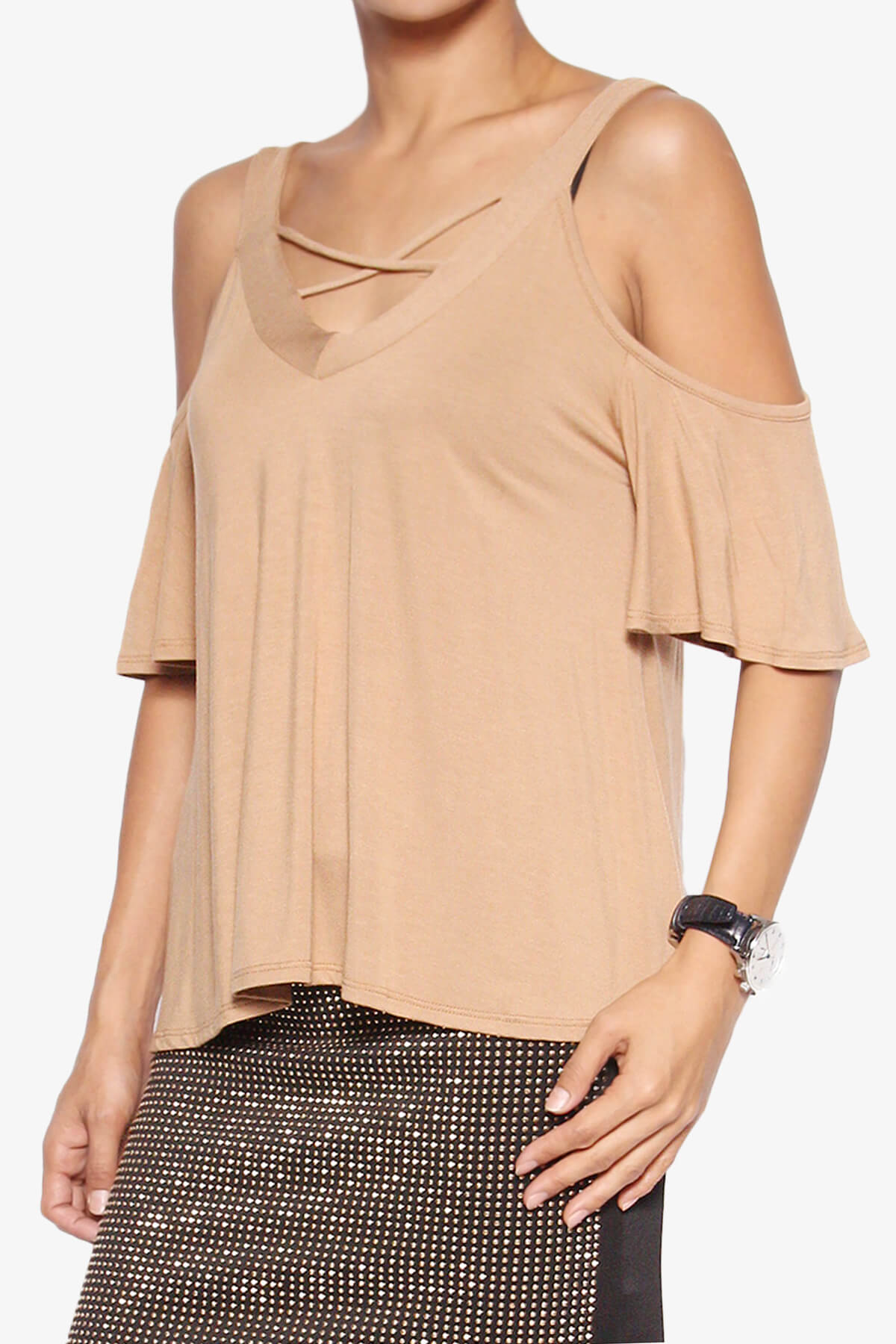 Load image into Gallery viewer, Damaris Cold Shoulder Jersey Top KHAKI_3
