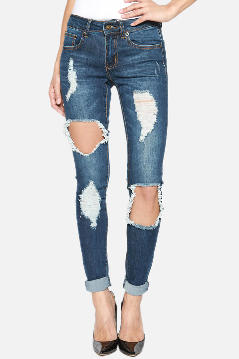 Load image into Gallery viewer, Rylee Distressed Shredded Skinny Jeans DARK_1
