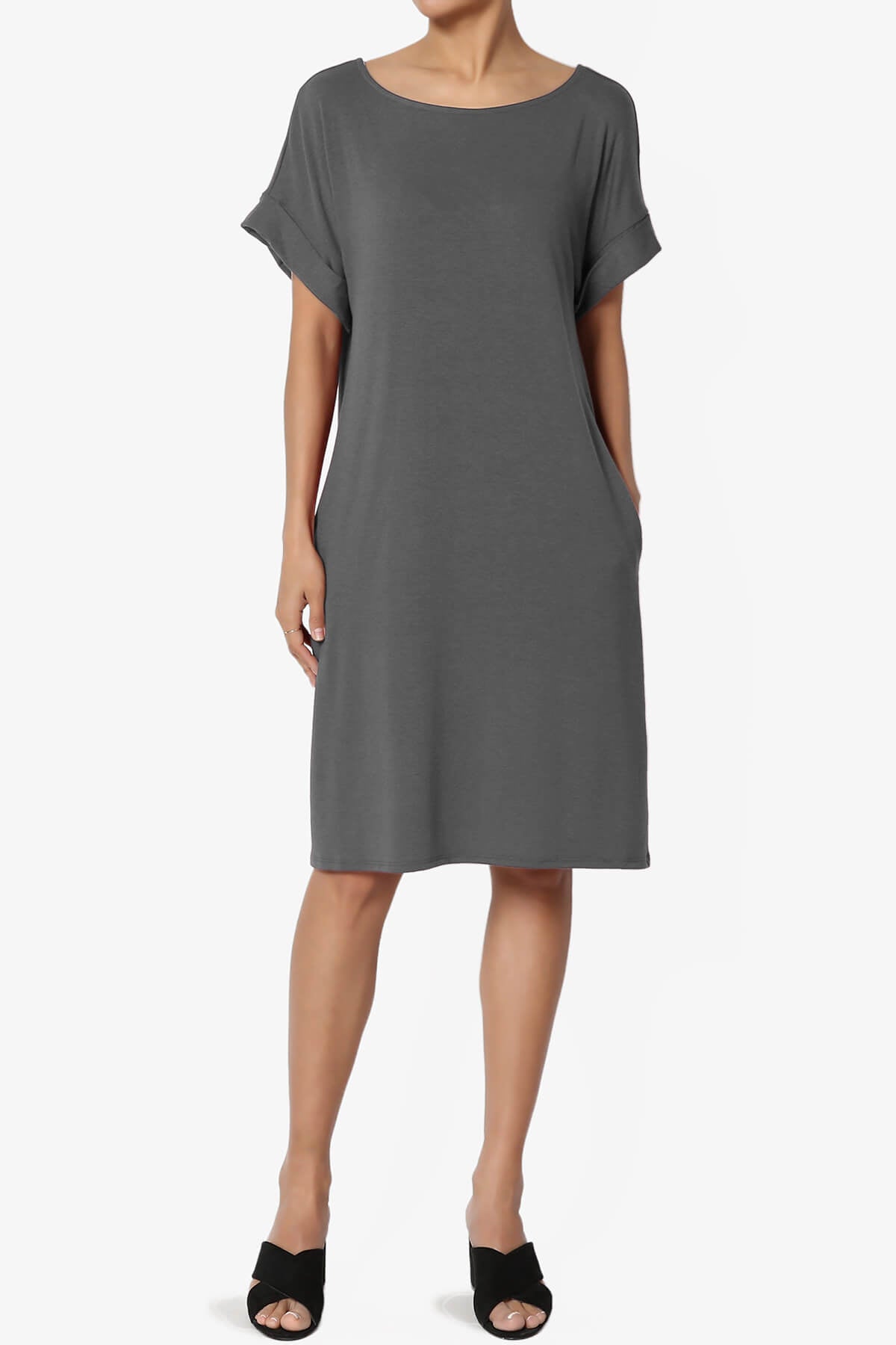 Load image into Gallery viewer, Janie Rolled Short Sleeve Round Neck Dress ASH GREY_1

