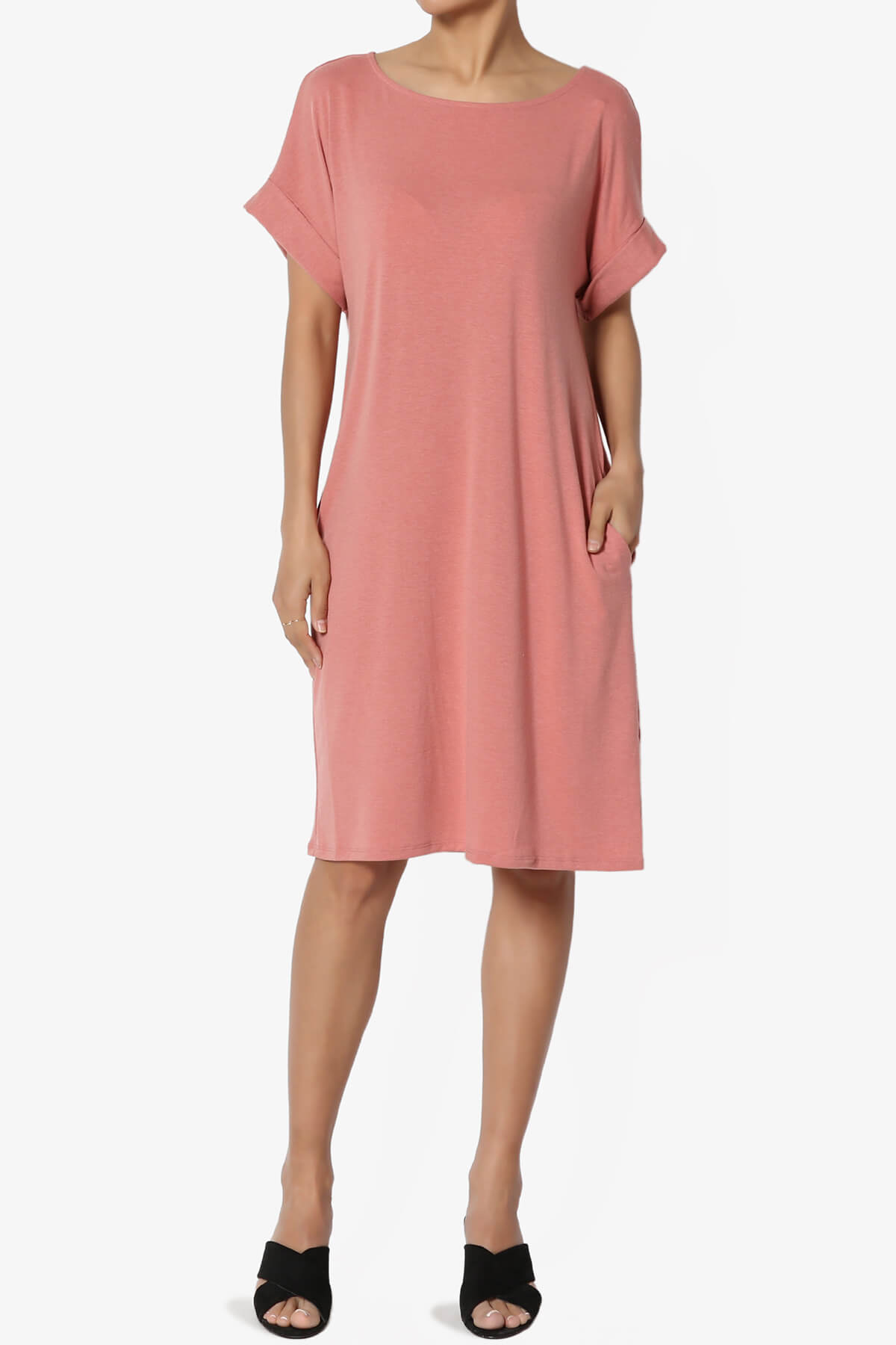 Load image into Gallery viewer, Janie Rolled Short Sleeve Round Neck Dress ASH ROSE_1
