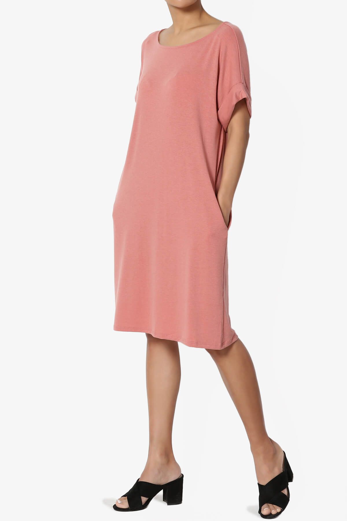 Load image into Gallery viewer, Janie Rolled Short Sleeve Round Neck Dress ASH ROSE_3

