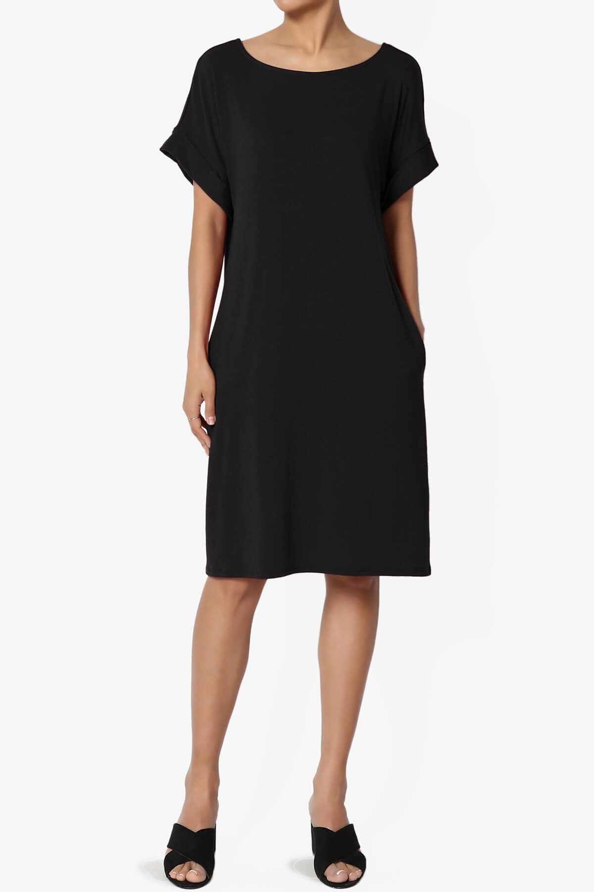 Load image into Gallery viewer, Janie Rolled Short Sleeve Round Neck Dress BLACK_1
