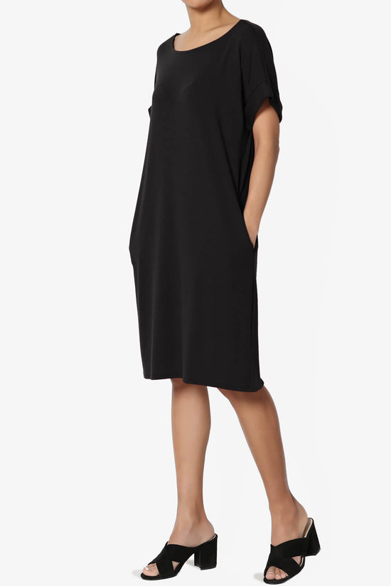Janie Rolled Short Sleeve Round Neck Dress BLACK_3