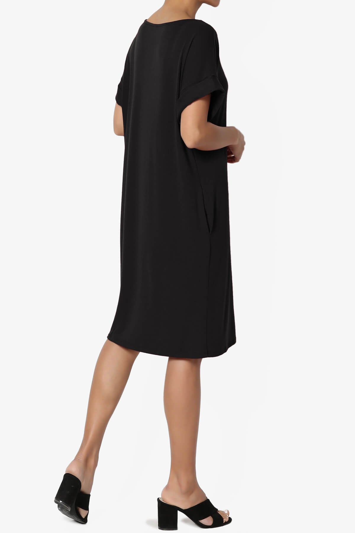 Janie Rolled Short Sleeve Round Neck Dress BLACK_4
