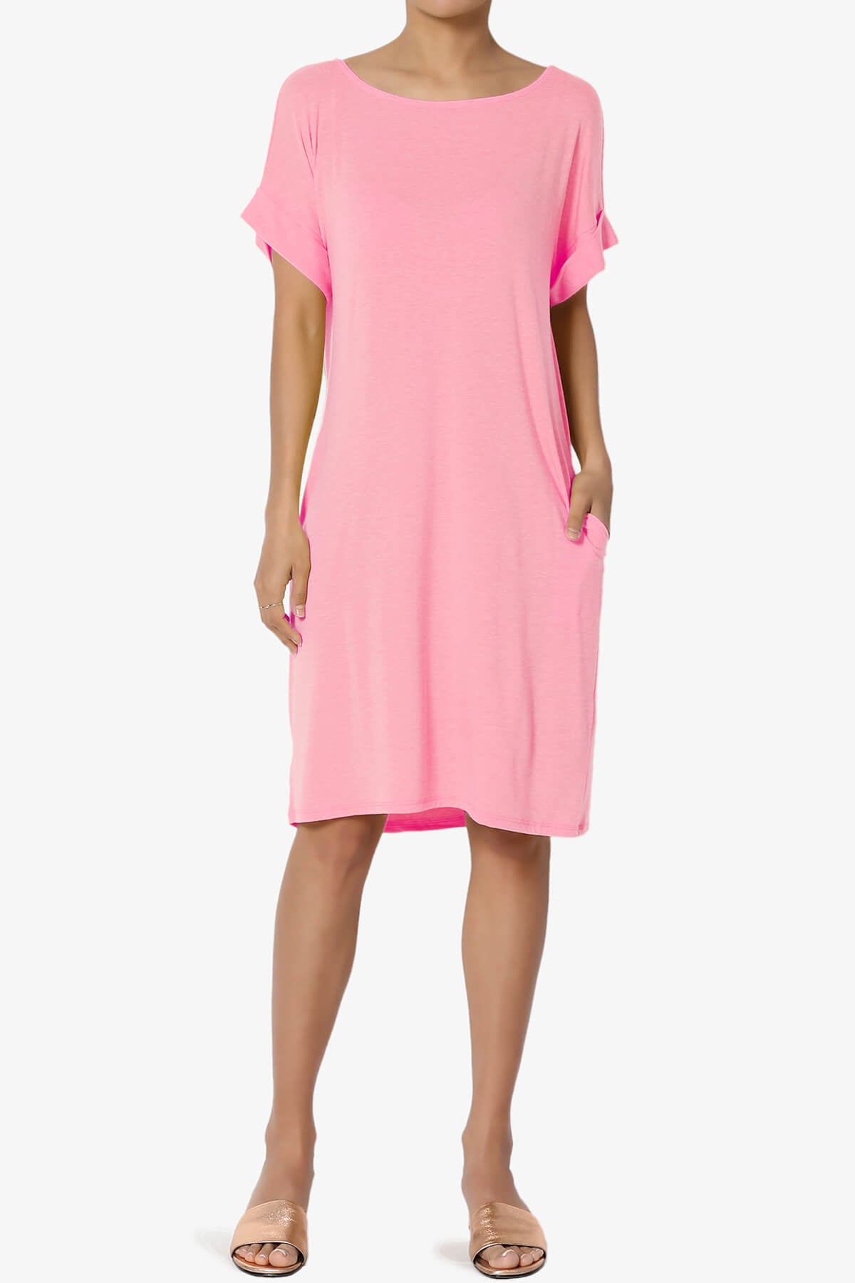 Load image into Gallery viewer, Janie Rolled Short Sleeve Round Neck Dress BRIGHT PINK_1
