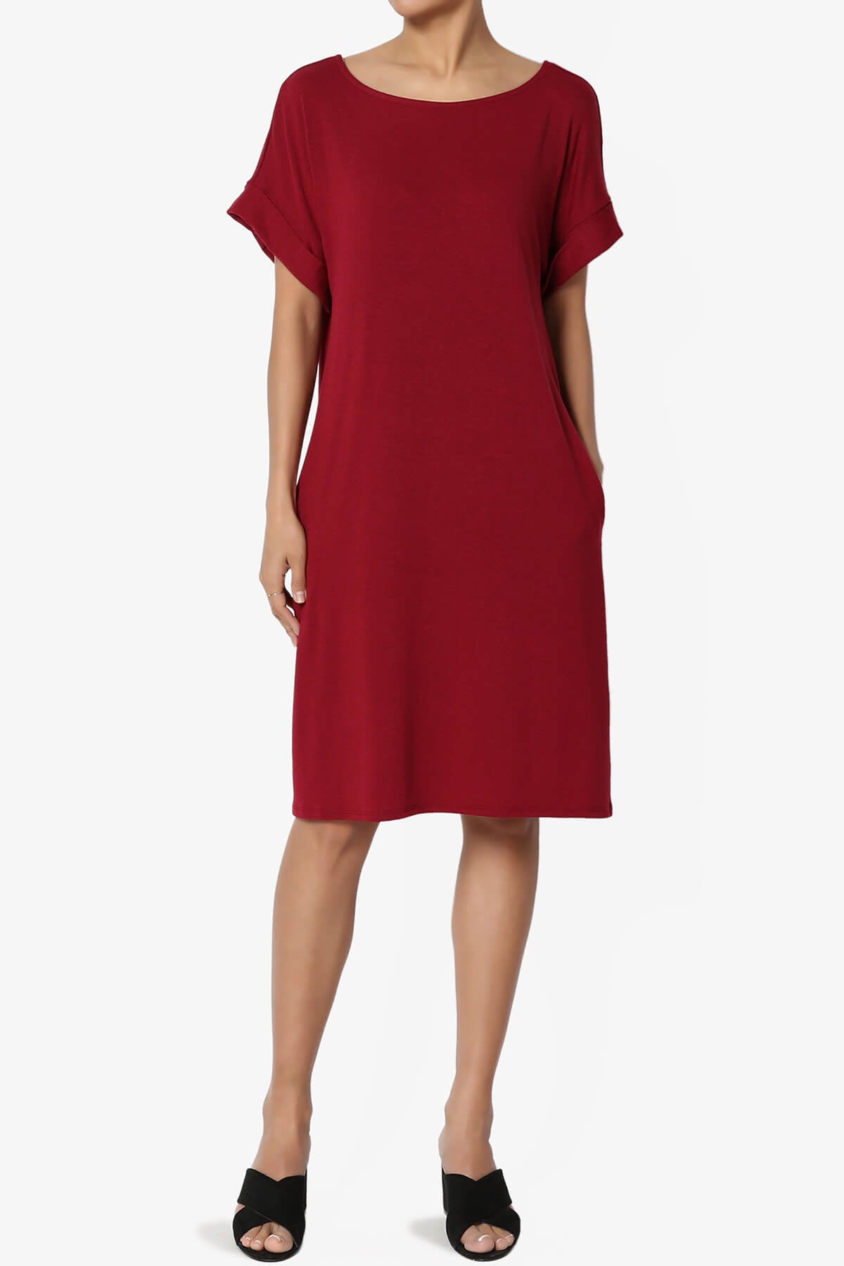 Load image into Gallery viewer, Janie Rolled Short Sleeve Round Neck Dress BURGUNDY_1
