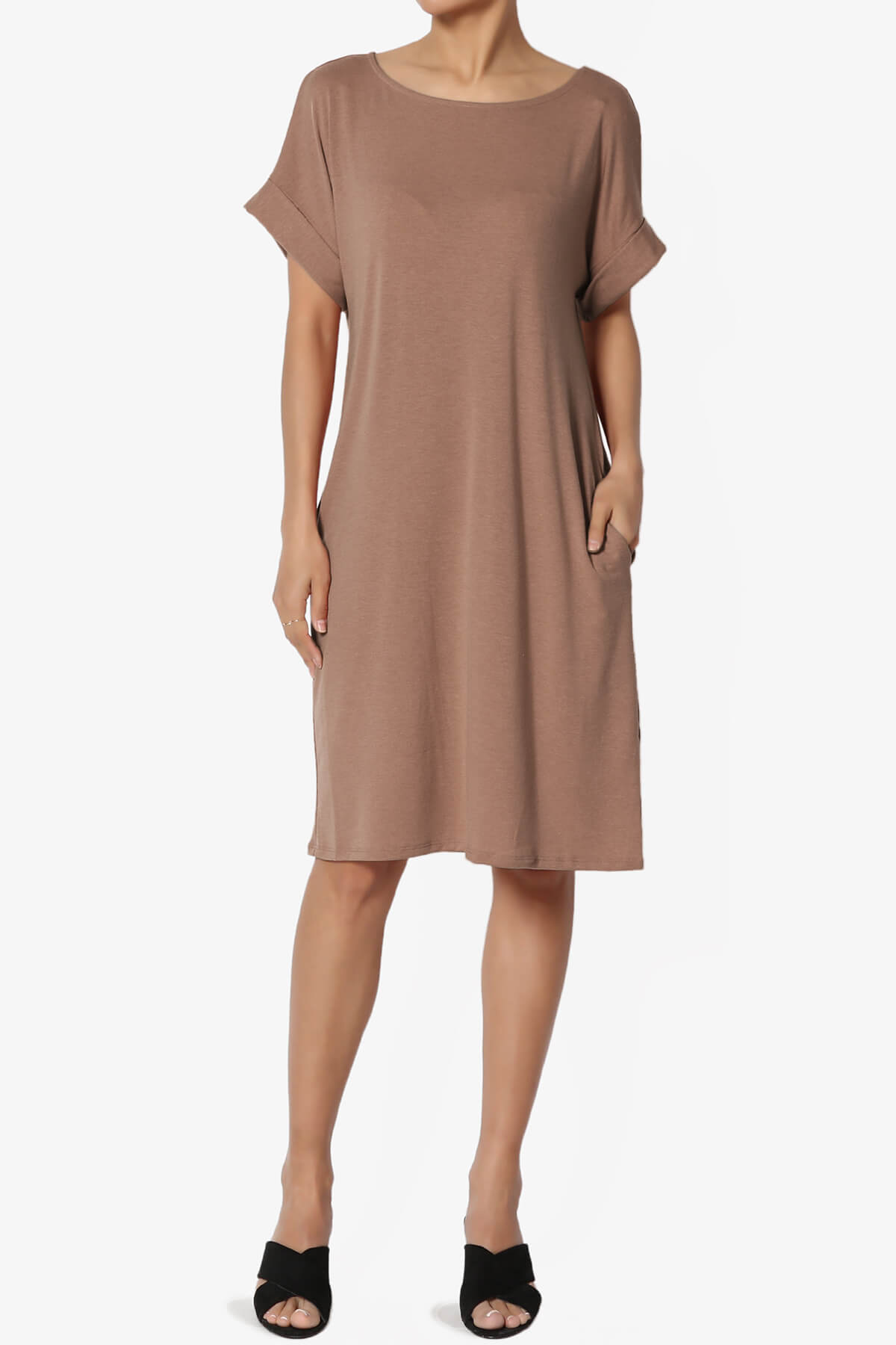 Load image into Gallery viewer, Janie Rolled Short Sleeve Round Neck Dress COCOA_1
