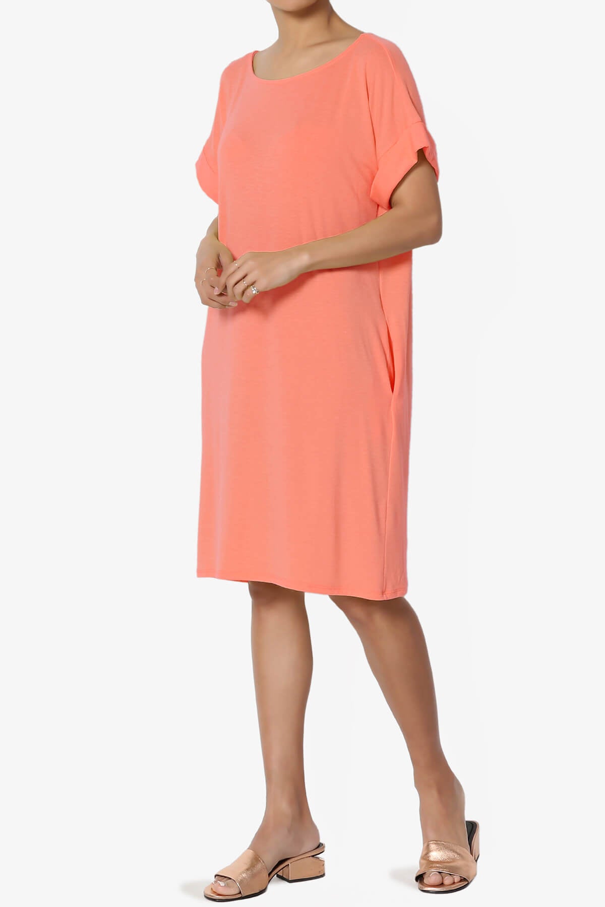Load image into Gallery viewer, Janie Rolled Short Sleeve Round Neck Dress CORAL_3
