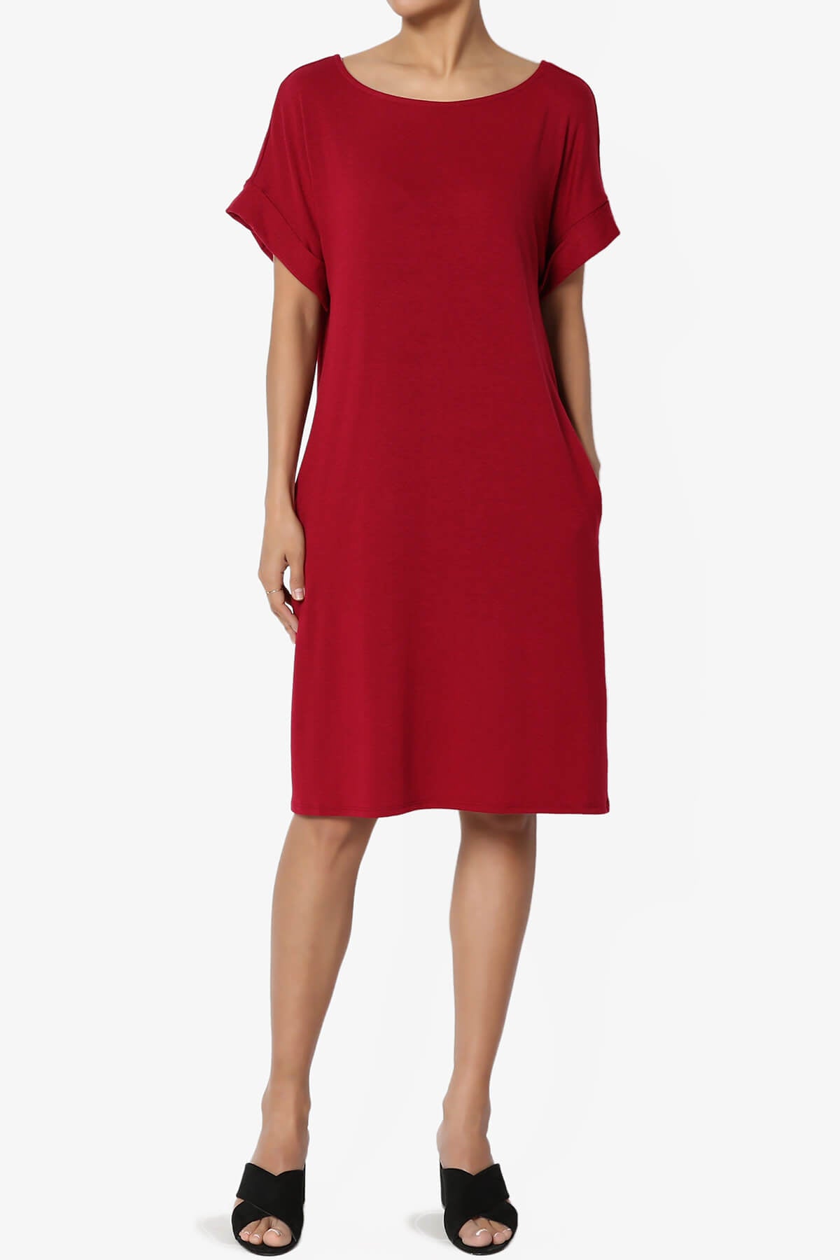 Load image into Gallery viewer, Janie Rolled Short Sleeve Round Neck Dress DARK RED_1
