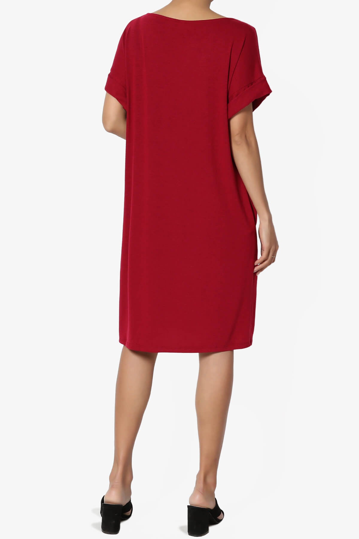 Load image into Gallery viewer, Janie Rolled Short Sleeve Round Neck Dress DARK RED_2
