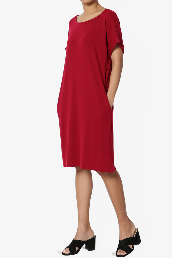 Janie Rolled Short Sleeve Round Neck Dress DARK RED_3