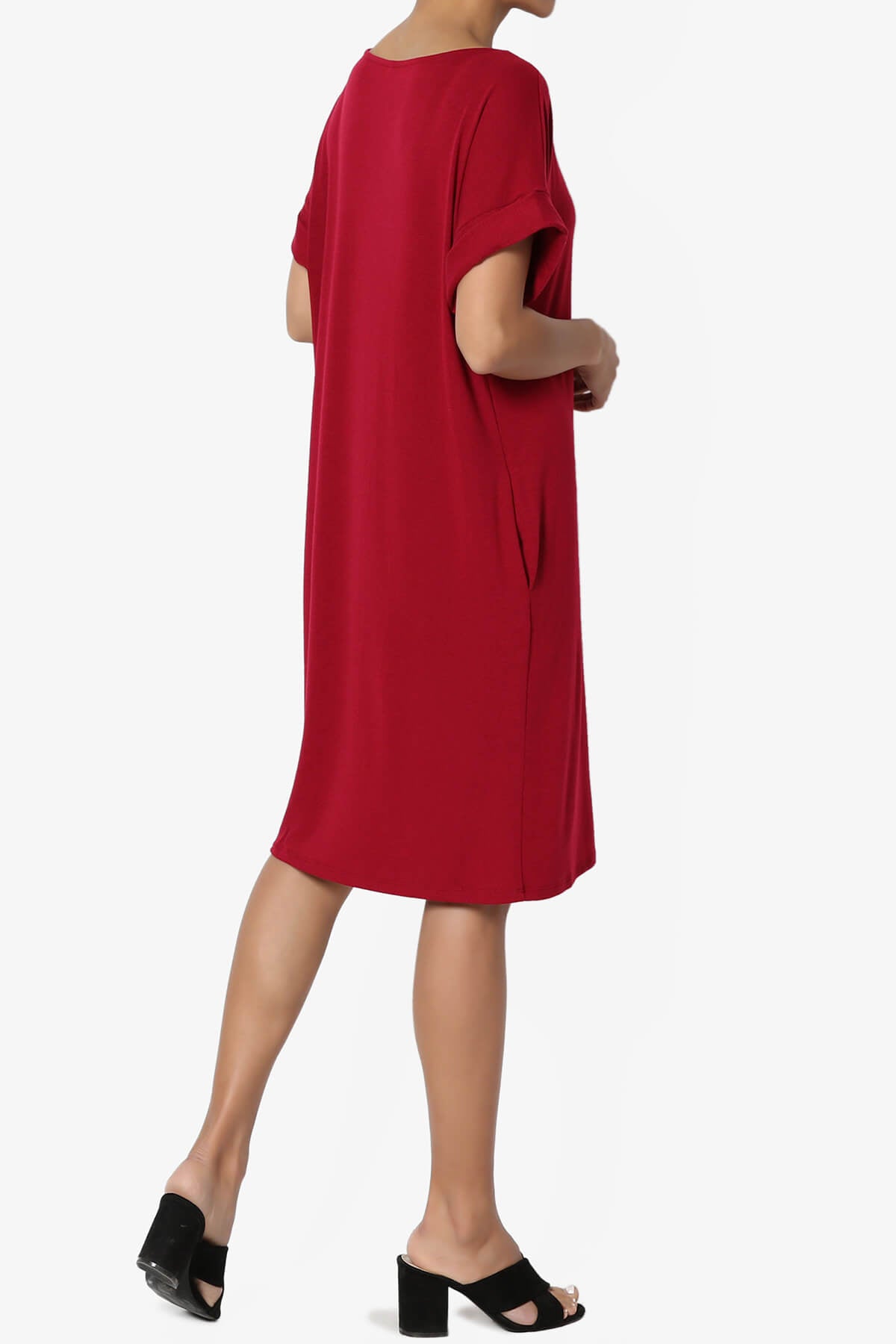 Load image into Gallery viewer, Janie Rolled Short Sleeve Round Neck Dress DARK RED_4
