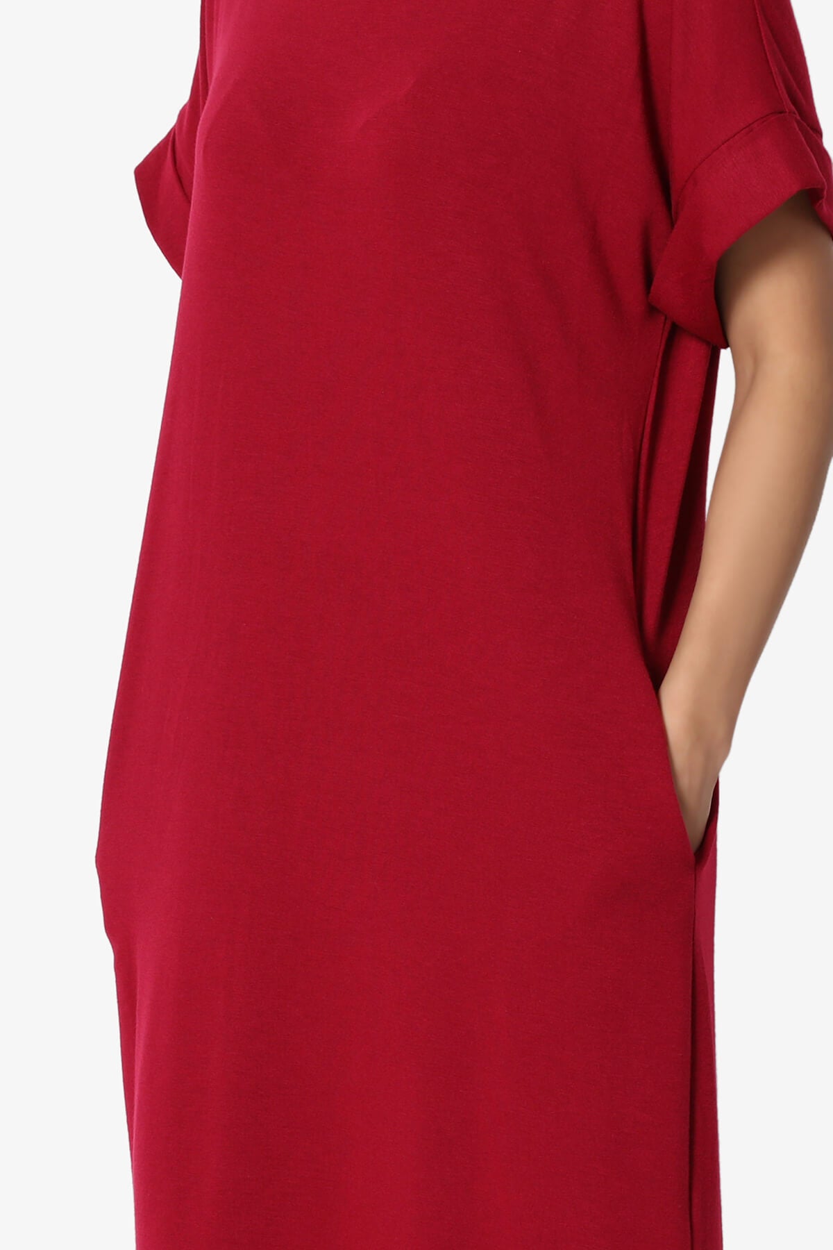 Janie Rolled Short Sleeve Round Neck Dress DARK RED_5